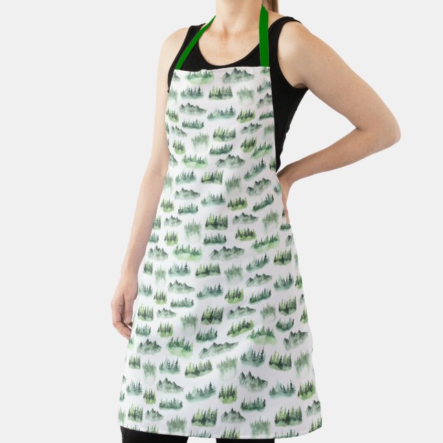  Watercolor Green Trees Forest Pattern Apron (Insitu)