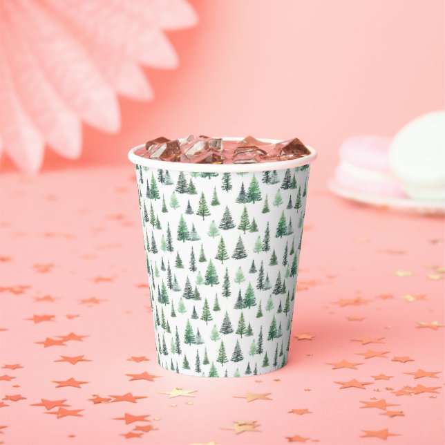  Watercolor Green Trees Forest Pattern Paper Cups (Insitu)