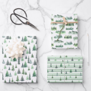 Watercolor Green Trees Forest Pattern Wrapping Paper Sheet