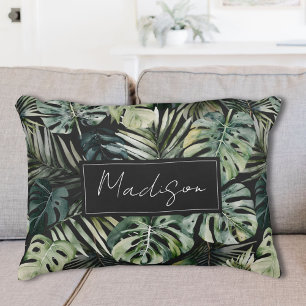 Watercolor Green Tropical Forest Leaves Pattern Accent Pillow