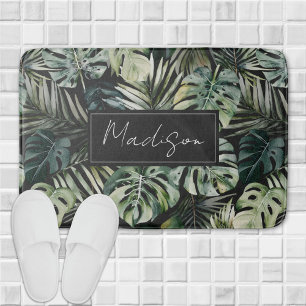 Watercolor Green Tropical Forest Leaves Pattern Bath Mat