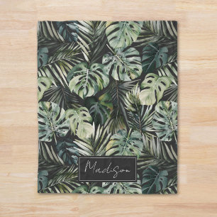 Watercolor Green Tropical Forest Leaves Pattern Fleece Blanket