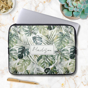 Watercolor Green Tropical Forest Leaves Pattern Laptop Sleeve