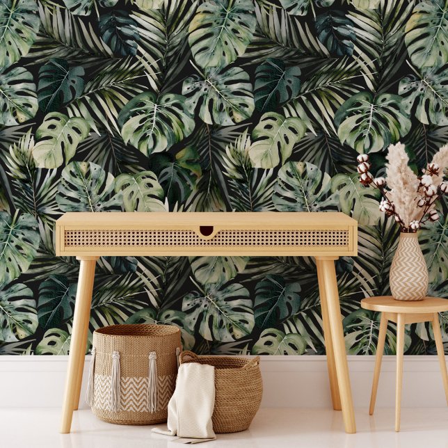 Watercolor Green Tropical Forest Leaves Pattern Wallpaper (In situ)