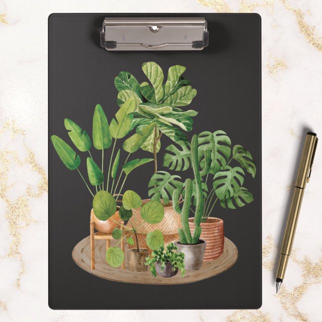 Watercolor Green Tropical Houseplants Clipboard (In situ marble table)