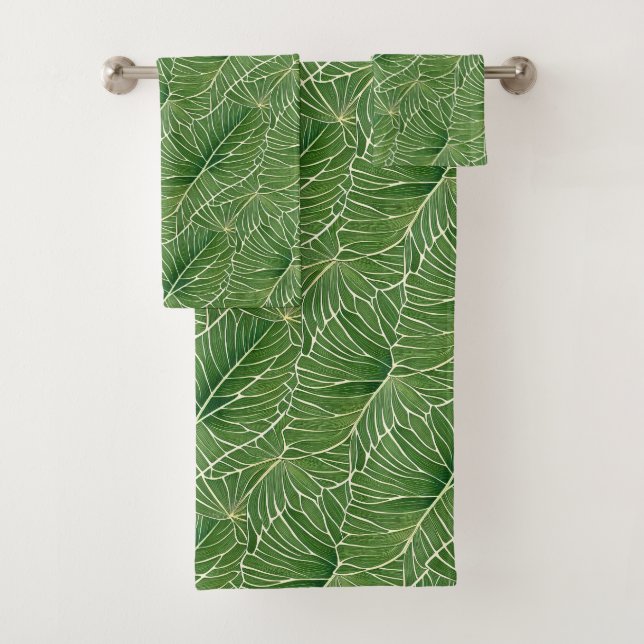 Watercolor Green Tropical Leaves Pattern Bath Towel Set (Insitu)