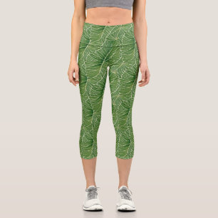 Watercolor Green Tropical Leaves Pattern Capri Leggings