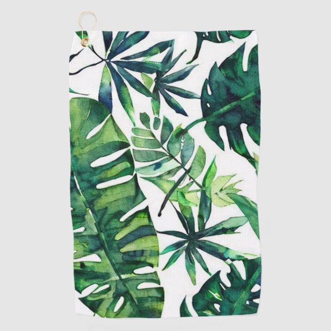 Watercolor Green Tropical Leaves Pattern     Golf Towel (Front)