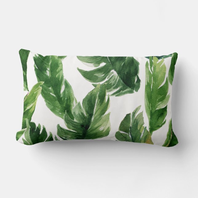 Watercolor Green Tropical Leaves Pattern Lumbar Pillow (Front)