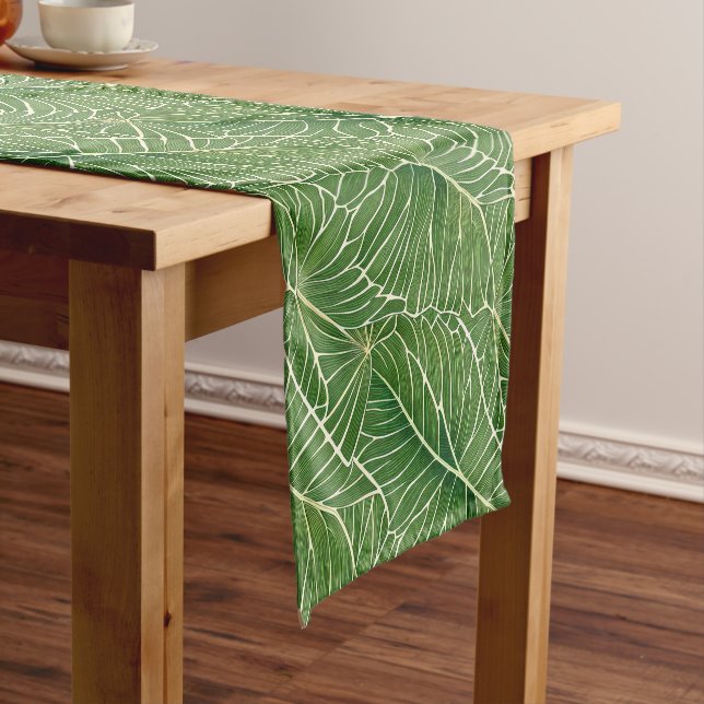 Watercolor Green Tropical Leaves Pattern Short Table Runner (In Situ)