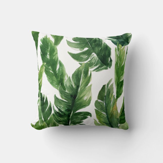 Watercolor Green Tropical Leaves Pattern Throw Pillow (Front)