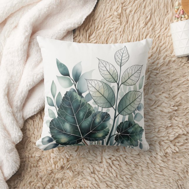 Watercolor Green Tropical Leaves Pattern Throw Pillow (Blanket)