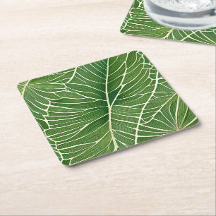 Watercolor Green Tropical Leaves Square Paper Coaster
