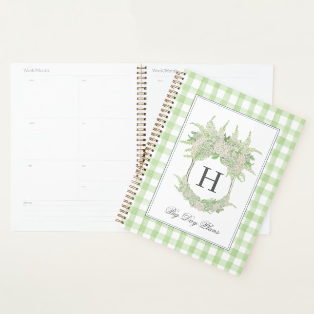 Watercolor Green & White Hydrangea Crest Gingham  Planner (Display)