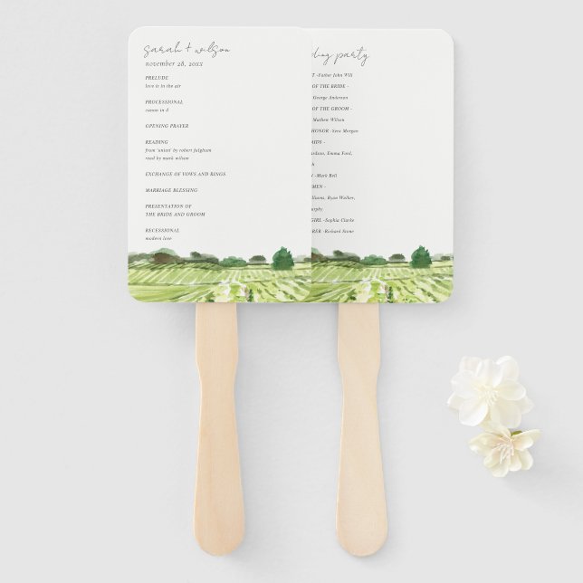 Watercolor Green Winery Vineyard Wedding Program Hand Fan (Front and Back)