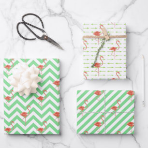 Watercolor Green with Pink Flamingos Wrapping Paper Sheet
