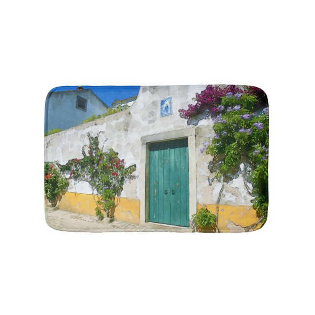 Watercolor green wooden door bath mat (Front)