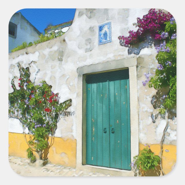 Watercolor green wooden door square sticker (Front)