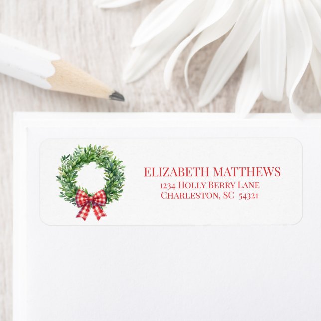 Watercolor Green Wreath With Red Gingham Bow (Insitu)