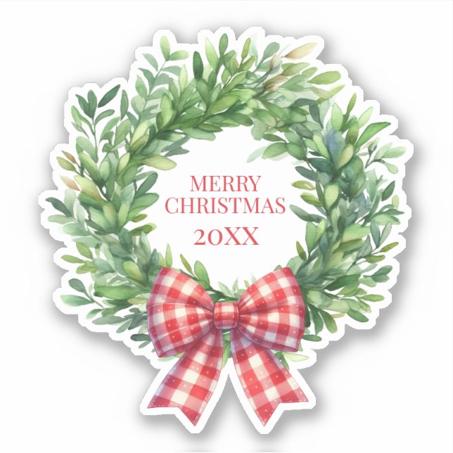Watercolor Green Wreath With Red Gingham Bow (Front)