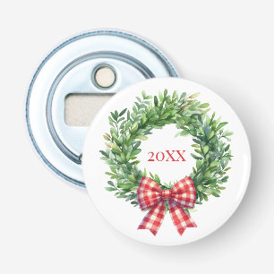 Watercolor Green Wreath With Red Gingham Bow Bottle Opener