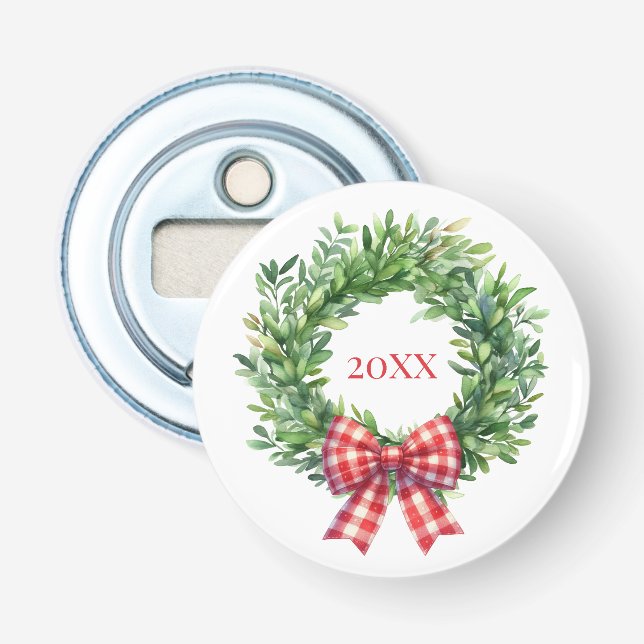 Watercolor Green Wreath With Red Gingham Bow Bottle Opener (Front)