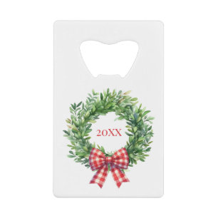 Watercolor Green Wreath With Red Gingham Bow Credit Card Bottle Opener