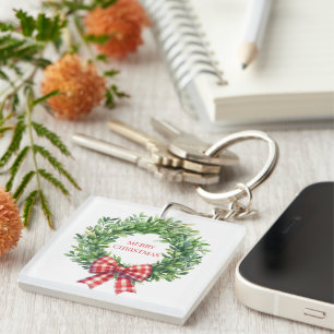 Watercolor Green Wreath With Red Gingham Bow Keychain