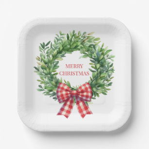 Watercolor Green Wreath With Red Gingham Bow Paper Plate