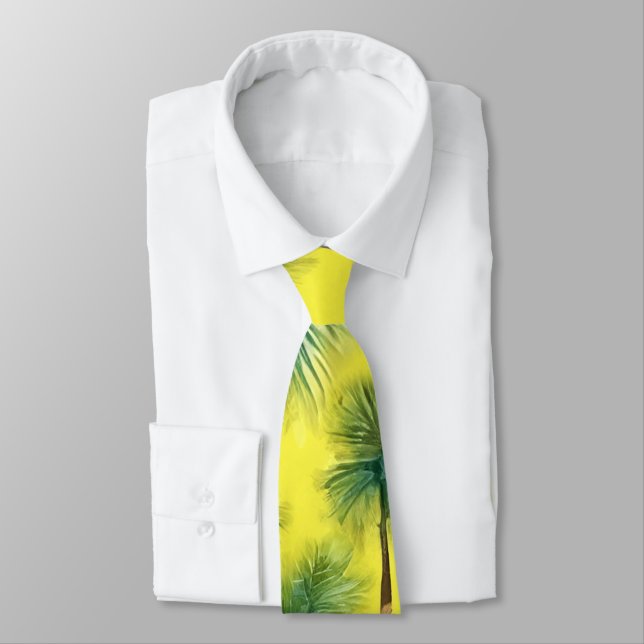 Watercolor Green & Yellow Palm Tree Pattern Tie (Tied)