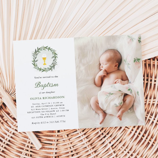 Watercolor Greenery and Chalice | Photo Baptism Invitation (Creator Uploaded)