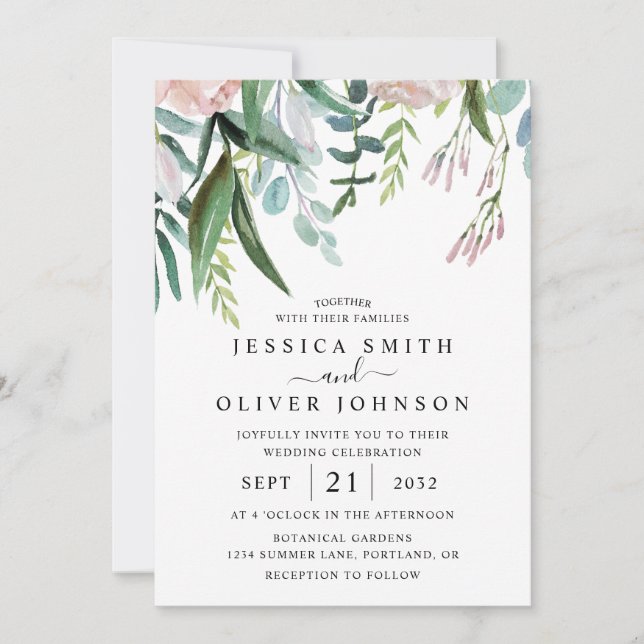 Watercolor Greenery and Flowers All In One Wedding Invitation (Front)