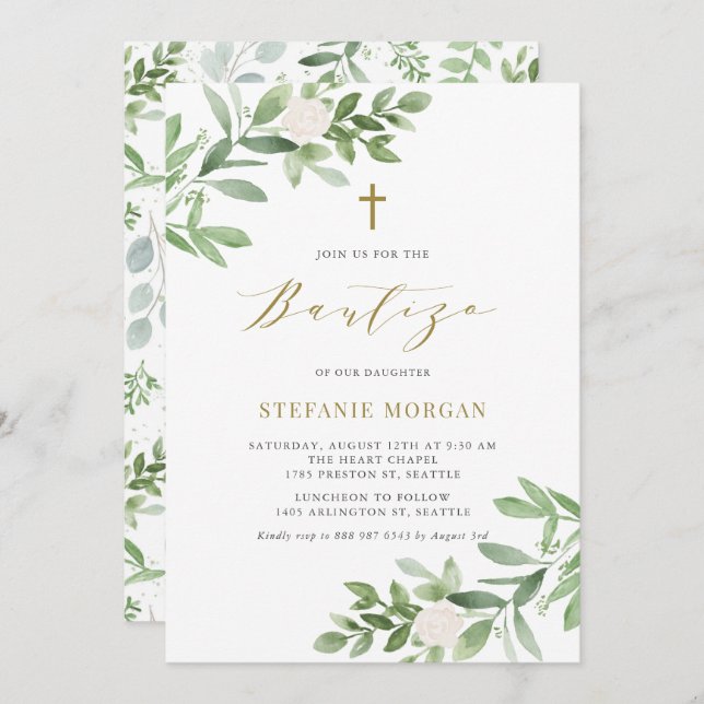 Watercolor Greenery and Flowers Bautizo Invitation (Front/Back)