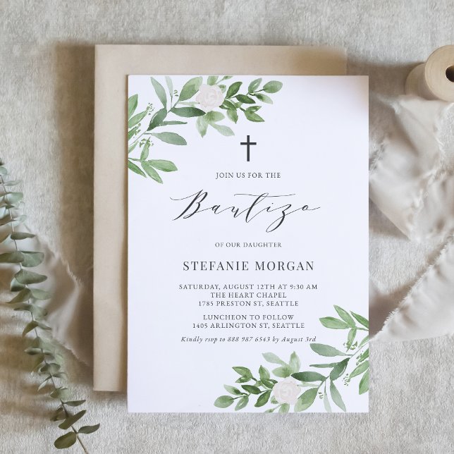 Watercolor Greenery and Flowers Bautizo Invitation (Creator Uploaded)