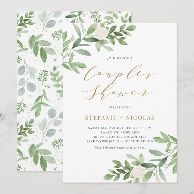 Watercolor Greenery and Flowers Couples Shower Invitation (Front/Back)