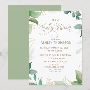   Watercolor Greenery and Gold  Baby Shower     Invitation