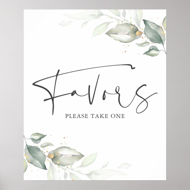 Watercolor Greenery and Gold Leaves Favours Sign (Front)