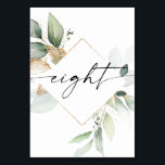 Watercolor Greenery and Gold Table Numbers Eight<br><div class="desc">This table number design features an elegant arrangement of eucalyptus greenery and a minimal script font. Click the "Click to customize further" button to edit the script wording's colour and the background colour. See the entire collection for more matching items!</div>
