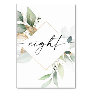 Watercolor Greenery and Gold Table Numbers Eight