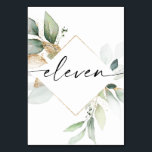 Watercolor Greenery and Gold Table Numbers Eleven<br><div class="desc">This table number design features an elegant arrangement of eucalyptus greenery and a minimal script font. Click the "Click to customize further" button to edit the script wording's colour and the background colour. See the entire collection for more matching items!</div>