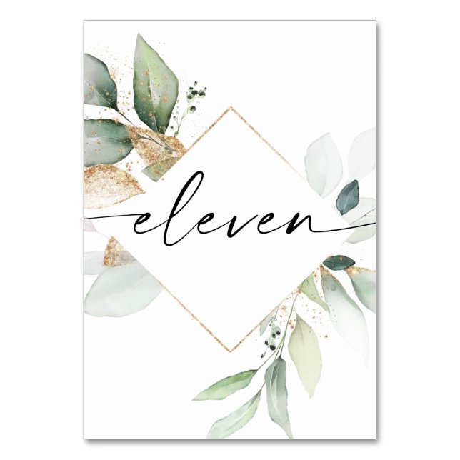 Watercolor Greenery and Gold Table Numbers Eleven (Front)