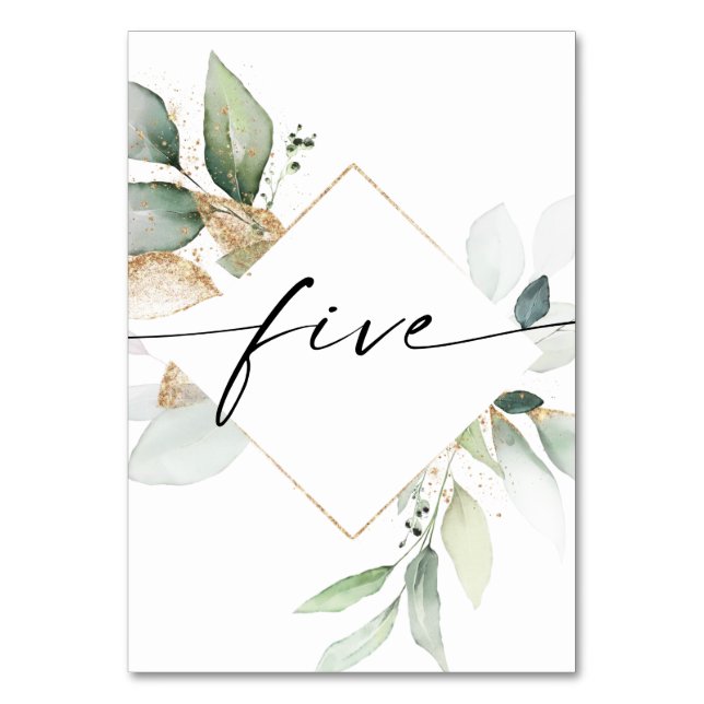 Watercolor Greenery and Gold Table Numbers Five (Front)