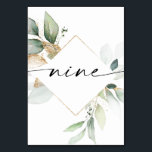 Watercolor Greenery and Gold Table Numbers Nine<br><div class="desc">This table number design features an elegant arrangement of eucalyptus greenery and a minimal script font. Click the "Click to customize further" button to edit the script wording's colour and the background colour. See the entire collection for more matching items!</div>