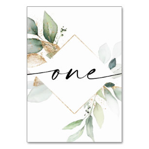 Watercolor Greenery and Gold Table Numbers One