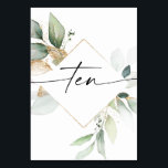 Watercolor Greenery and Gold Table Numbers Ten<br><div class="desc">This table number design features an elegant arrangement of eucalyptus greenery and a minimal script font. Click the "Click to customize further" button to edit the script wording's colour and the background colour. See the entire collection for more matching items!</div>