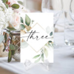 Watercolor Greenery and Gold Table Numbers Three<br><div class="desc">This table number design features an elegant arrangement of eucalyptus greenery and a minimal script font. Click the "Click to customize further" button to edit the script wording's colour and the background colour. See the entire collection for more matching items!</div>