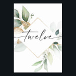 Watercolor Greenery and Gold Table Numbers Twelve<br><div class="desc">This table number design features an elegant arrangement of eucalyptus greenery and a minimal script font. Click the "Click to customize further" button to edit the script wording's colour and the background colour. See the entire collection for more matching items!</div>
