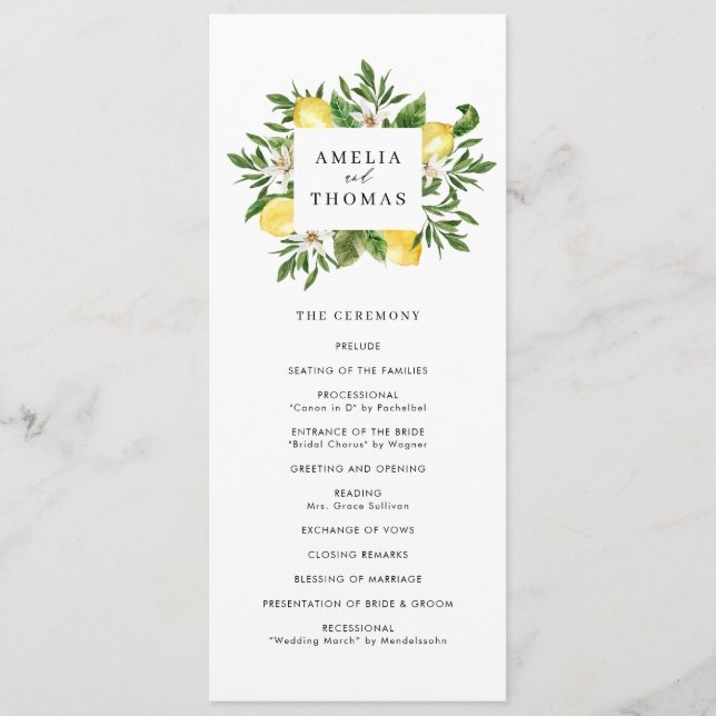 Watercolor Greenery and Lemons Wedding Ceremony  Program (Front)