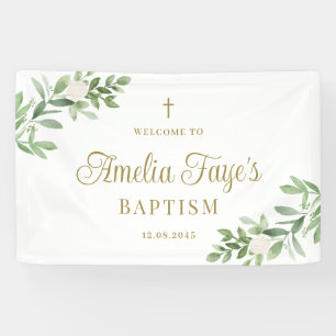 Watercolor Greenery and White Flowers Baby Baptism Banner