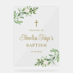 Watercolor Greenery and White Flowers Baptism Acrylic Sign